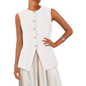 PRETTYGARDEN Blazer Vest Tops for Women Sleeveless Button Down Business Casual Outfits Work Suit Vests Waistcoat (White, S)