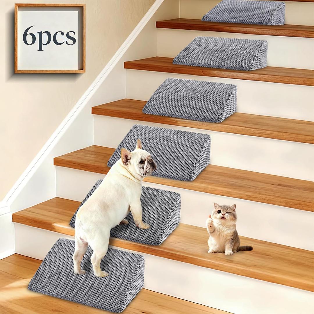 Dog Ramp for Stairs for Small & Senior Dogs and Cats  Non-Slip Stair Wedges for Dogs with Gentle Slope, Pet Ramp with Washable Cover & Self-Sticky Pads for Safe Climbing (Gray, 6 Pack)