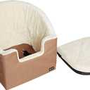 Amazon Basics Dog Car Seat Booster for Small Dogs up to 25lbs, Washable Removable Cover, Safety Leash, Elevated View for Window, 18" x 18" x 16", Tan