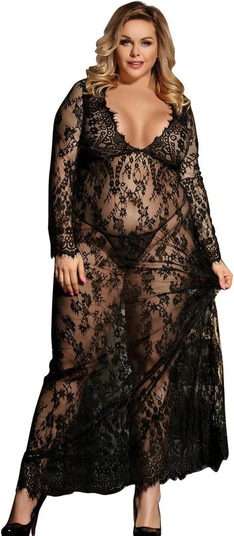 ohyeah Women Black Lace Maxi Dress V Neck Mesh Sexy Nightdress Long Gown Lingerie Dress Floral Lace Sexy Nightdress Swimsuit Cover Up Lingerie M-L