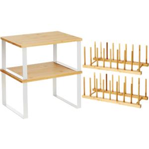 4 Pcs Kitchen Organizer Accessories Set Cabinet Organizer Shelf and Bamboo Dish Drying Plate Rack Counter Shelves Storage Holder for Spice Rack, Dish, Pot Lid, Bowl, Cup(Wooden Color)