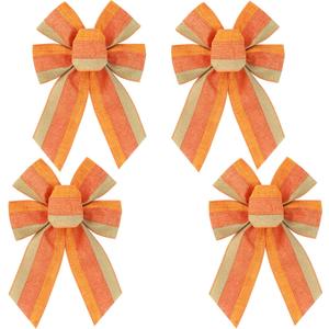 4PCS Fall Orange Stripe Wreath Bows, Autumn Farmhouse Burlap Bow for Wreath Rustic Crafts Decorative Hanging Ornament Bow for Thanksgiving Indoor Outdoor Holiday Party Decorations