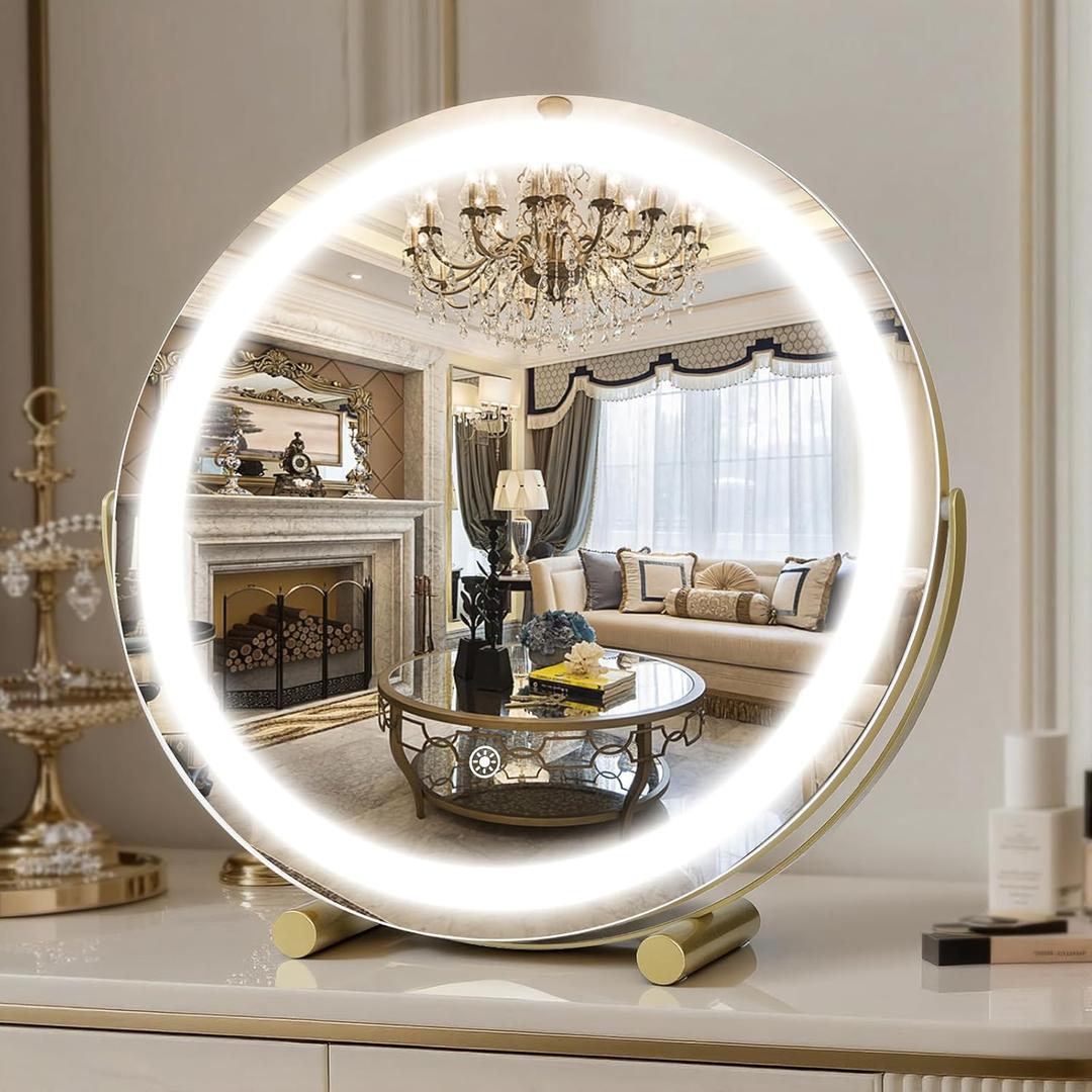 Vanity Mirror with Lights, 18" LED Makeup Mirror, HD Professional Mirror, Smart Touch with 3-Color Lighting, Dimmable, 360 Rotation, Lighted Up for Makeup Desk, Bedroom (Gold)