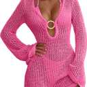 ANRABESS Women Beach Crochet Cover Ups Summer Knit Swimwear Mesh Bathing Suit Hollow Out Dress 2025 Vacation Swimsuit (Medium, Hot Pink)