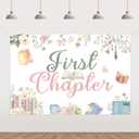 Book 1st Birthday Decorations Girl 5 * 3ft First Chapter Birthday Backdrop Banner Pink Green First Chapter Bday Decor Storybook 1st Bday Supplies for Floral Book Reading Party