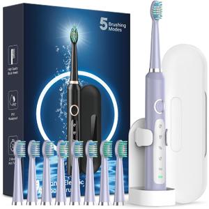 Rtauys M5 Sonic Electric Toothbrush for Adults and Kids - Rechargeable Electric Toothbrush Kids Ages 12+ and Adults with 8 Brush Heads & Travel Case, 120 Days Battery Life - Light Purple