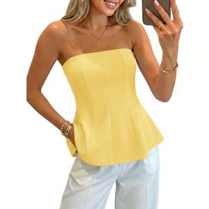 Womens Peplum Tube Tops Ruffle Summer Casual Bandeau Strapless Tank Tops (L)
