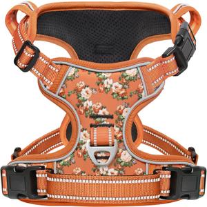 Timos Dog Harness, No Pull Dogs Harness 3 Snap Buckles Adjustable Reflective No Choke Pet Vest for Small Dog with Soft Padded Control Training Handle for Outdoor Training, Flower Orange, S (Small (Pack of 1))