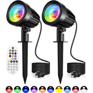 15W RGB Landscape Lighting, LED Color Changing Landscape Lights 120V with Remote Control, IP66 Waterproof Outdoor Spotlight for Yard Garden Path Indoor Decorative, 2 Pack