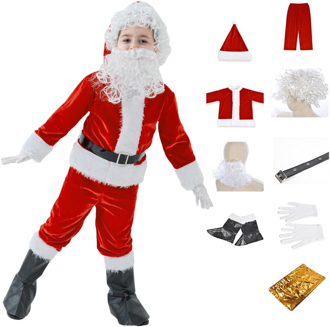 Kids Santa Costume 9PCS Christmas Santa Claus Costume for Kids Santa Suit Cosplay Party Outfit for Boy Children (Small)