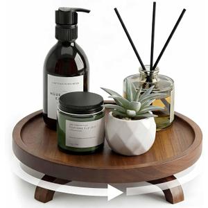 10" Solid Wood Lazy Susan Turntable Organizer for Cabinet, Pantry, Kitchen Countertop - Farmhouse Style with Raised Feet & Water-Resistant Coating, Rustic Bathroom Vanity Tray and Dining Table Decor
