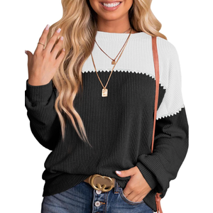 Dokotoo Womens Tops Fashion 2025 Color Block Long Sleeve Shirts Crewneck Knitted Casual Loose Pullover Blouses Large , Black/White 