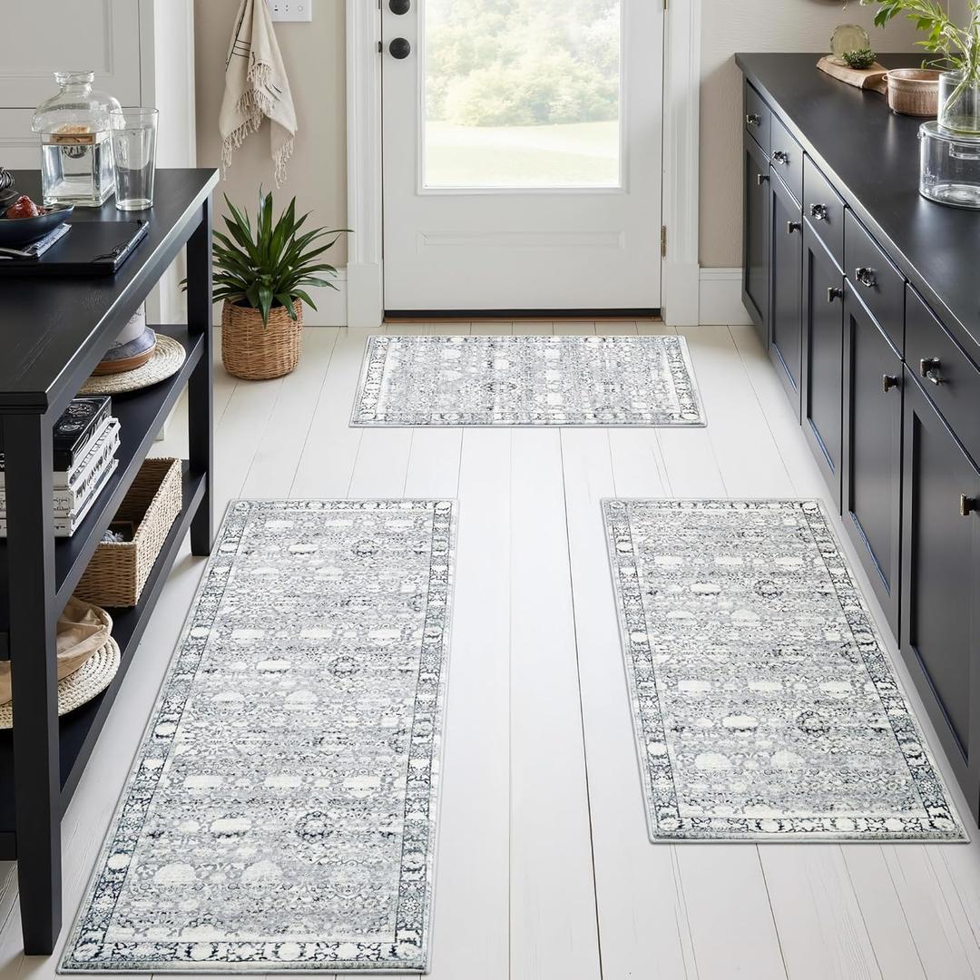 GRANNY SAYS Boho Kitchen Rug Sets of 3, Non Slip Washable Faux Wool Kitchen Mats for Floor, Thick Soft Anti-Fatigue Comfort Standing Mat Runner Rugs for Hallway Laundry Room, Grey (1'8" x 4'11")