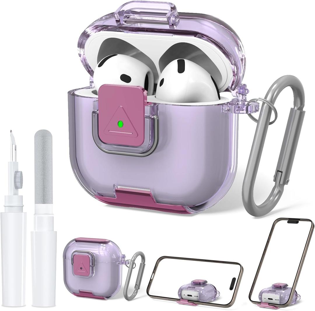 Secure Lock Case for AirPods 4 Case with Phone Stand, Soft TPU Shockproof Protective Cover for Airpods 4th Generation Clear Airpod 4 Case with Cleaning Pen & Keychain (Clear Purple)
