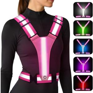 LED Reflective Vest Running Gear, 5 Colors Lights Up Running Vest for Night Walking Cycling Jogging, Adjustable Size for Men Women Kids, Rechargeable and High Visible (Pink)