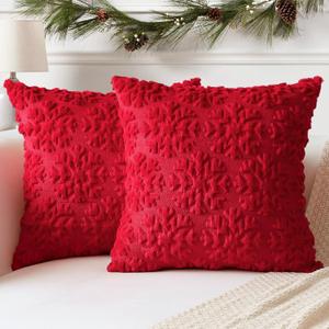 OTOSTAR Set of 2 Xmas Soft Plush Short Wool Velvet Decorative Throw Pillow Covers Square Luxury Style Cushion Case Pillow Shell for Sofa Bedroom Snowflake Red, 20x20 Inch