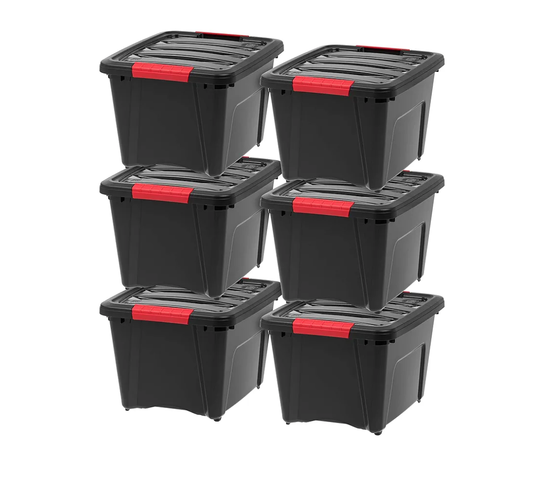 IRIS USA 17 Qt Stackable Plastic Storage Bins with Lids, 6 Pack - BPA-Free, Made in USA - Garage Organizing Solution, Latches, Durable Nestable Containers, Secure Pull Handle - Black