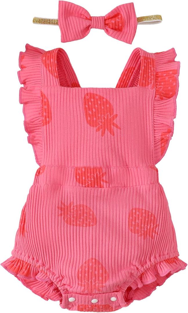 Fullfamous Baby Girl Ruffled Jumpsuit and Headband Set (12-18 Months, Pink Strawberry)
