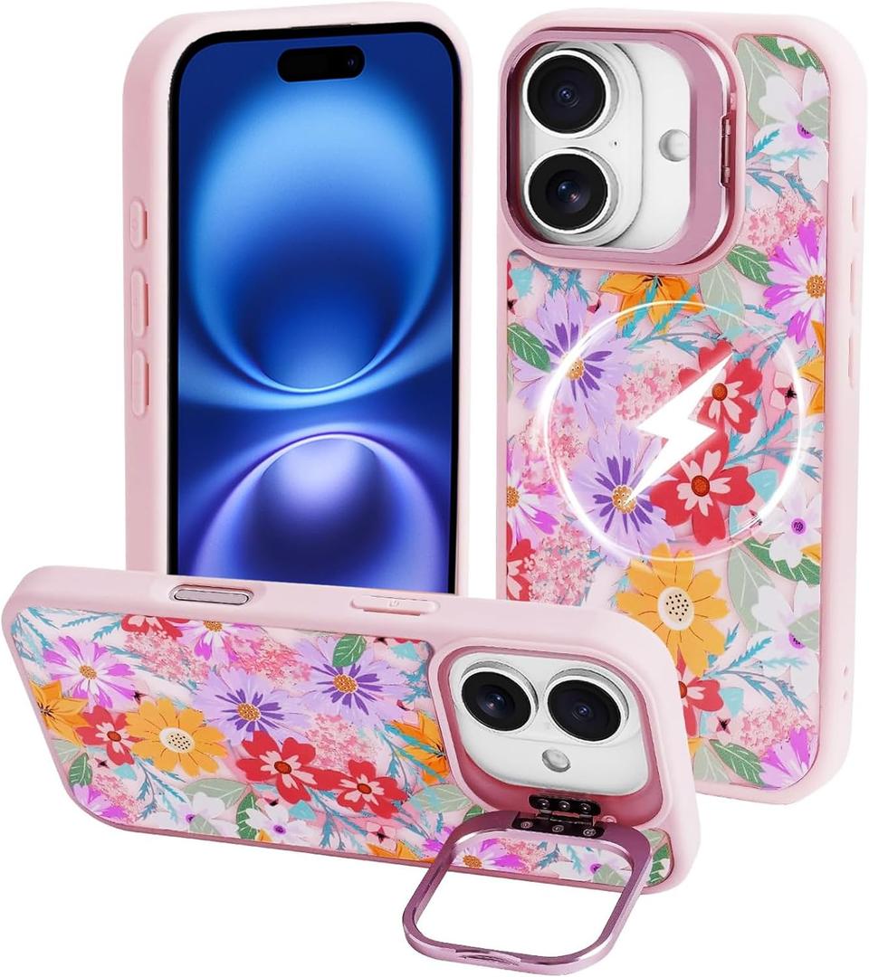 J.west Magnetic for iPhone 16 Case Compatible with Magsafe,Garden Floral Metal Kickstand Shockproof Silicone Bumper Cute Floral Flowers Phone Case Cover Pink 6.1 Pack of 2