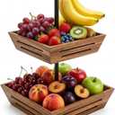 G.a HOMEFAVOR Acacia Wood Fruit Basket: 2-Tier Vegetable Storage with Banana Holder, Kitchen Countertop Organizer for Bread Snack, Large Size