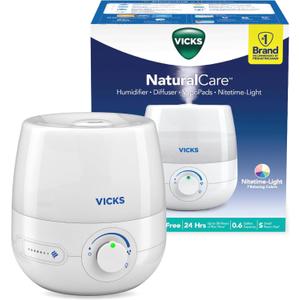 Vicks NaturalCare Cool Mist Ultrasonic Humidifier, Small Room Humidifier for Bedroom, Diffuser with Nighttime Light, Works with Vicks VapoPads, White