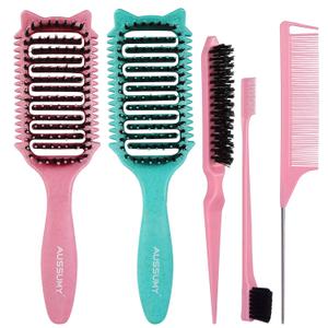 2 Pack Curly Defining & Detangling Brush - With Boar Bristle & 3 Styling Comb Tools  Shine to Shape & Define Natural Curl Waves & Coils - Vented Anti-Frizz Wet or Dry Hair for Women Men Kids (Emerrald Green + Blush Pink)