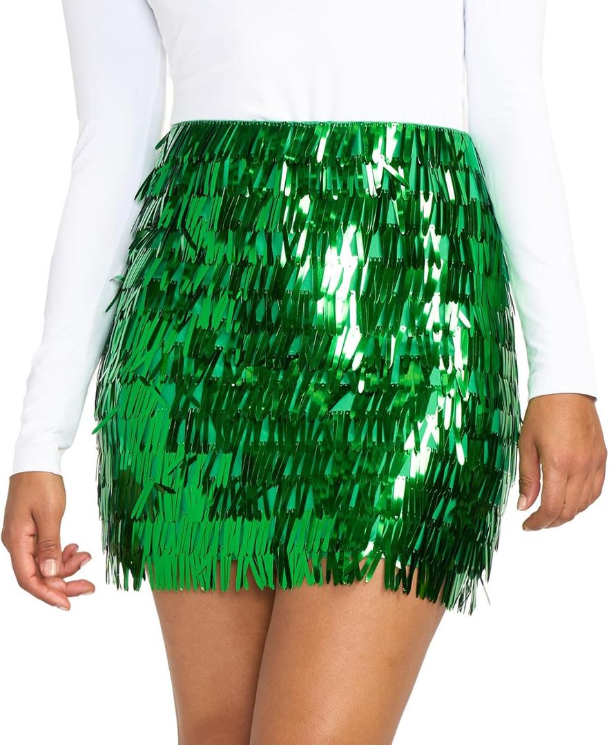 Tipsy Elves Womens Sequin Skirts Sparkly Knee Length Concert Mini Skirt Shiny Dance Club Rave Party Skirt for Women (Medium, Green Metallic Tassel)