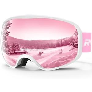 RIOROO Kids Ski Goggles for Boys Girls Aged 3-14, 100% UV Protection OTG Ski Goggles, A08-white/Pink(vlt 38.6%)