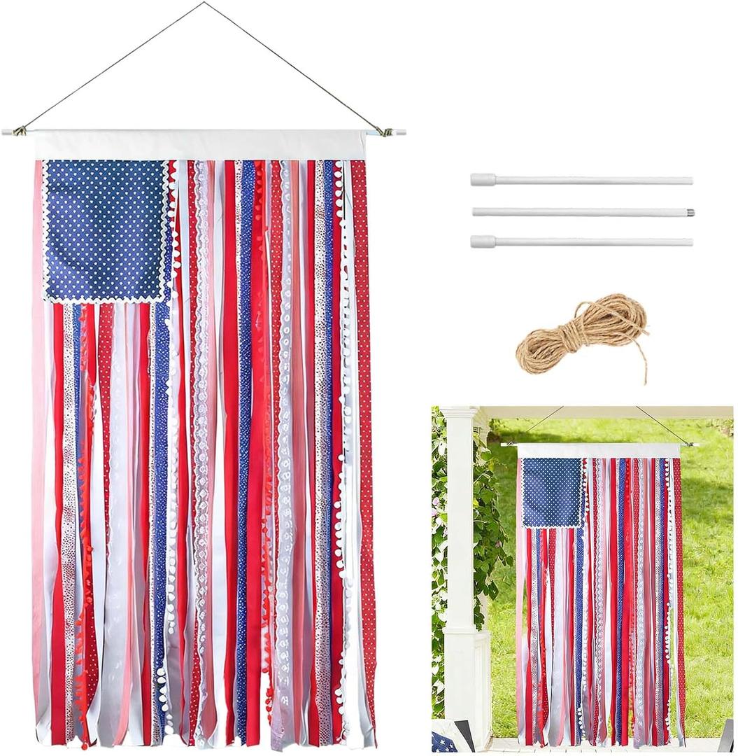4th of July Decoration Flag - 4.2x2.3Ft Rag American Flag Banner with Flagpole Vintage Patriotic USA Flag Banner Ribbon Hanging American Flags for Indoor Outdoor Home Garden Memorial Day Decor