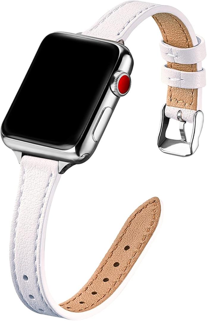 STIROLL Slim Leather Bands Compatible with Apple Watch Band 49mm 46mm 45mm 44mm 42mm(Series 3 2 1), Top Grain Leather Watch Thin Wristband for iWatch Ultra SE Series 11 10 9 8 7 6 5 4(White Silver)
