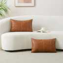 Set of 2 Faux Leather Lumbar Decorative Throw Pillow Covers 12x20 Cognac Brown Modern Farmhouse Boho Small Accent Rustic Home Decor Rectangle Cushion Cases for Couch Bed Sofa Living Room
