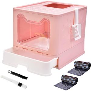 Panghuhu88 Foldable Cat Litter Box Enclosed Cat Litter Box with Lid, Top Entry Cat Toilet, Easy Clean Cat Potty Include Cat Litter Scoop&2 Garbage Bag, Brush, Self Cleaning Cat Litter Box Large (Pink)