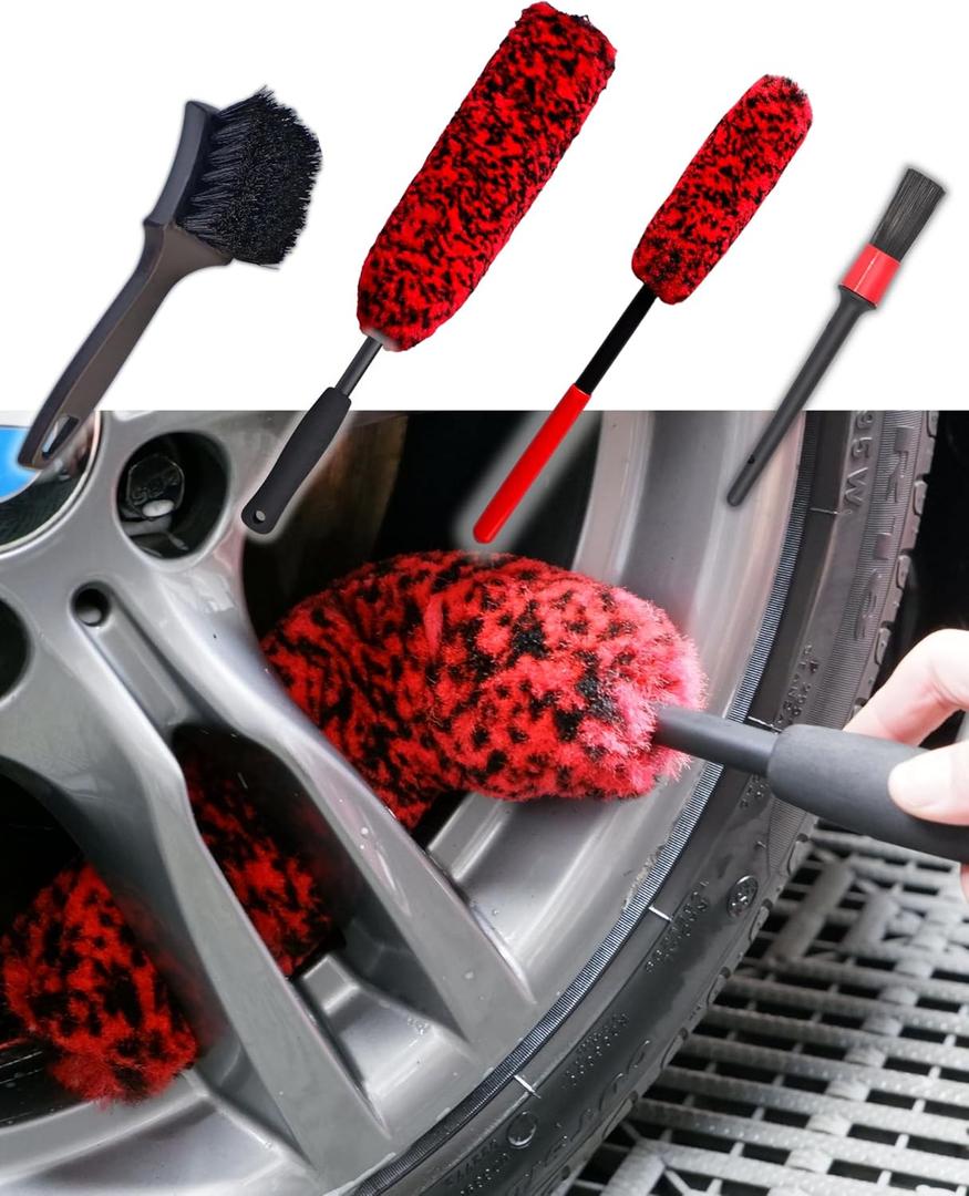 Professional 4 Pack Long Handle Wheel Brush Kit for Cleaning Wheel and Tire- 2X Soft Wheel Cleaning Brush, Detailing Brush and Stiff Tire Brush, Bendable& Durable Wheel Rim Cleaner Brush Set