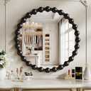 Round Vanity Mirror with Beaded Frame, 24 Inch Circle Wall Mirror for Bedroom Dresser, Entryway, Bathroom, Living Room, Decorative Hanging Wall Mirror, Black