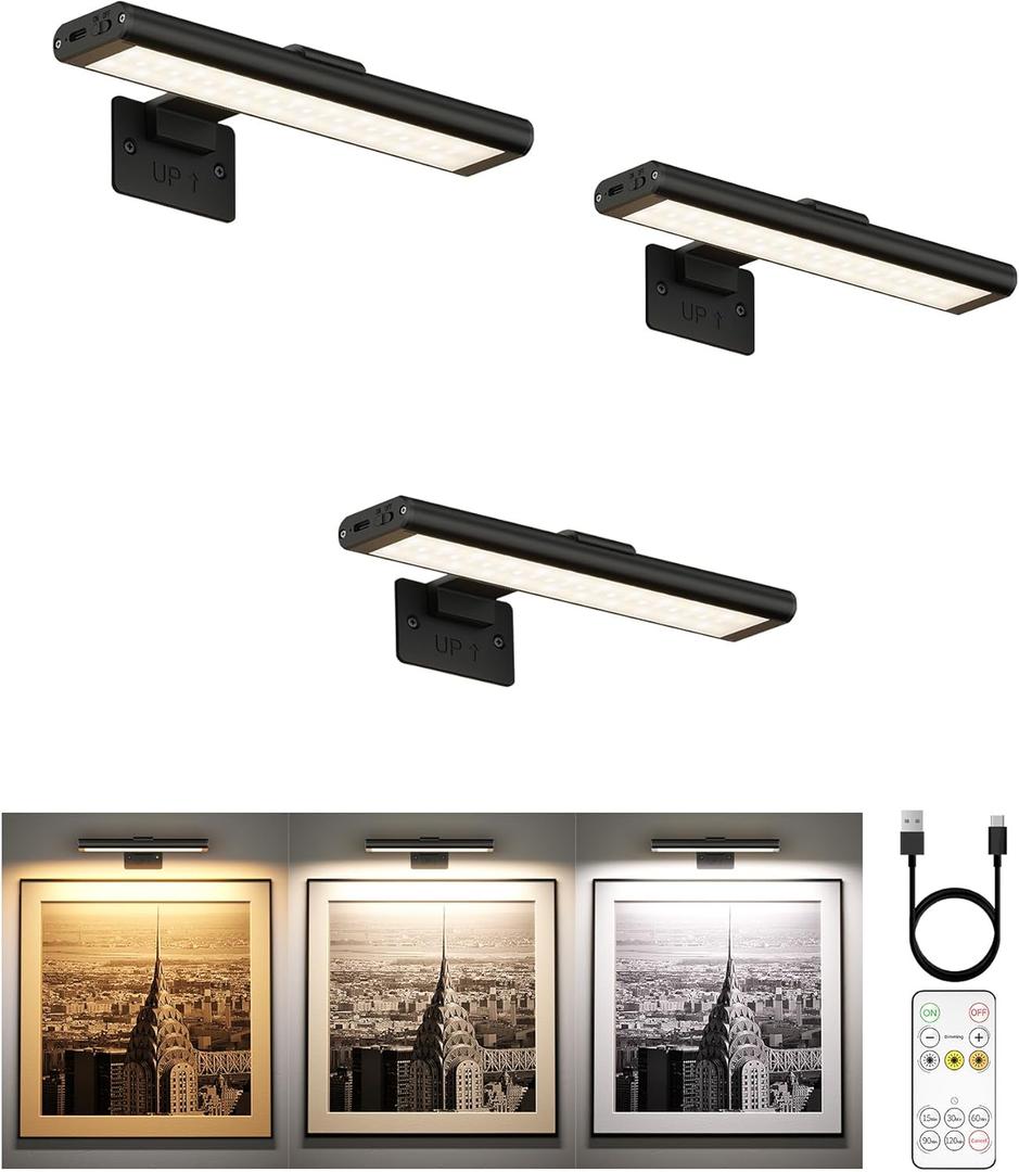 EZVALO Picture Light for Wall, Rechargeable 2400mAh Battery Lights Wireless Remote, 3 Color & Dimmable Magnetic 8'' LED Lights Display for Painting, Living Room, Gallery, Bedroom, Dashboard(Black-3P)