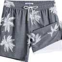 maamgic 2 in 1 Mens Swim Trunks 7 Inch Swim Shorts Swim Suits Board Shorts (Large, Gray-palm Tree)