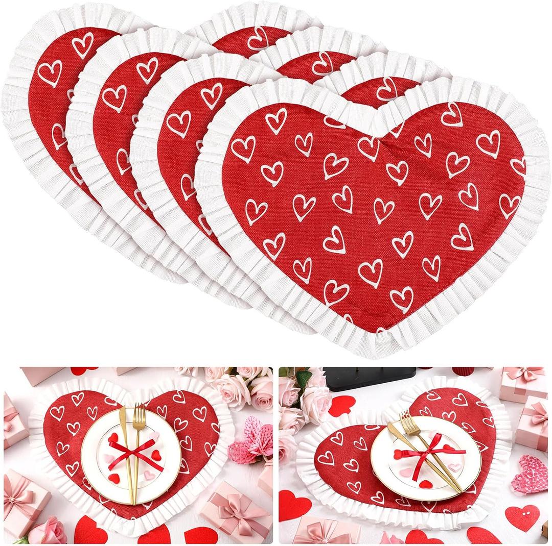 Bucherry 4 Pcs Valentine's Day Heart Placemats 17 Inch Red Love Hearts Placemats Fabric Table Mats with Ruffled White Edge, Seasonal Anniversary Holiday Table Mats for Party Kitchen Dining Decoration