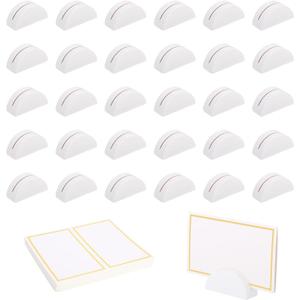 30pcs Wooden Table Number Holders, Semicircular Wood Table Number Stands with 60 Place Cards Photo Menu Tag Holder Support for Wedding Restaurant Banquet Birthday Party (White)
