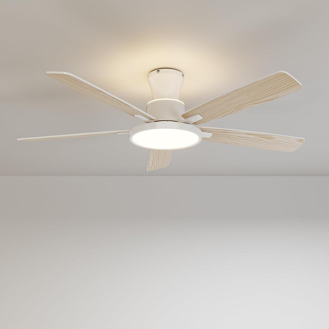 Ceiling Fans with Lights,52 inch,Nightlight,Quiet,Reversible Motor,6 Speeds,Timer, Low Profile Ceiling Fan for Bedroom,Living Room,Indoor/Outdoor Use (White) (White and Ask)