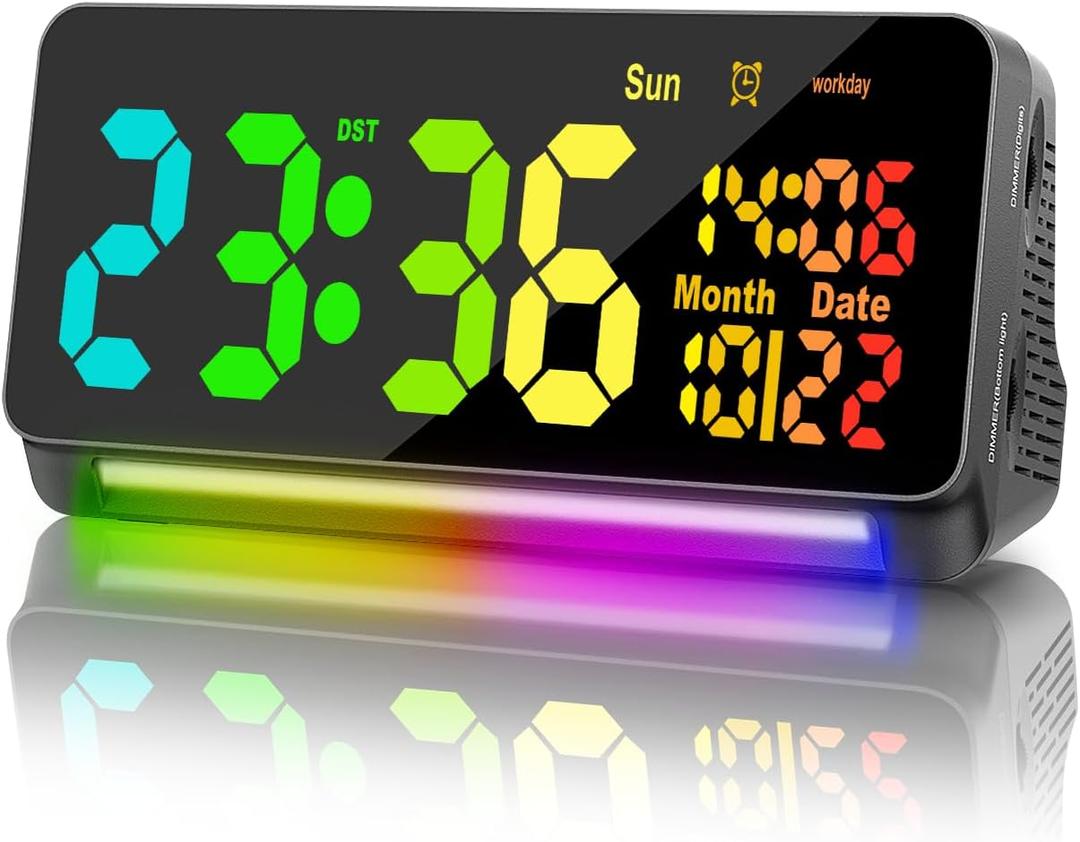 120db Super Loud Alarm Clocks for Heavy Sleepers adults , 15 Wake Up Sounds Alarm Clock for Heavy sleepers , 7 Color Night Light, Dynamic RGB Color , 0-100% Dimmer, Snooze, DST , Large LED Display