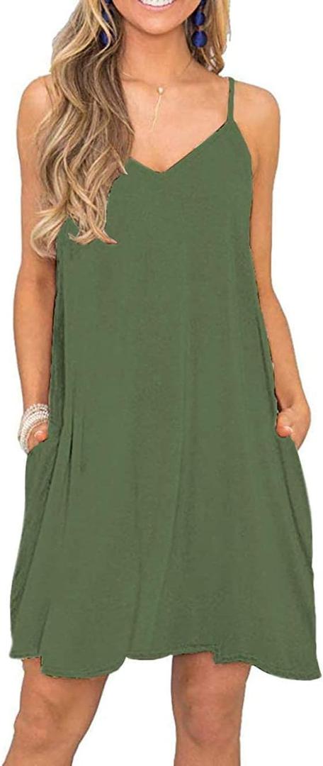 BEUFRI Women's Summer Spaghetti Strap Casual Swing Tank Beach Cover Up Dress with Pockets (Medium, Army Green)