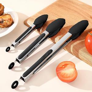 3pcs Kitchen Tongs Set with Silicone Tips, Tongs for Cooking Heat Resistant - 7" 9" & 12 Inch Silicone Tongs Non-Stick, Black