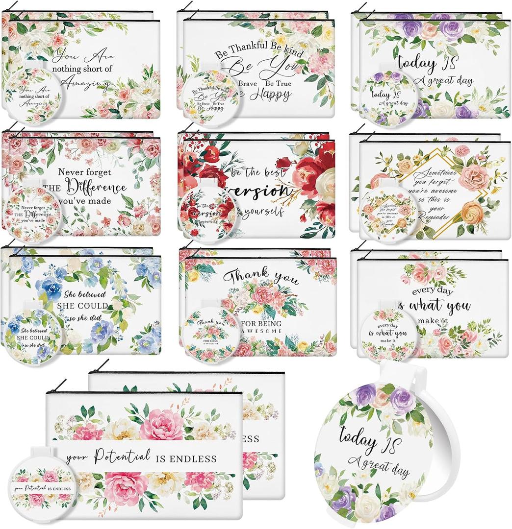 40 Pcs Floral Inspirational Gifts Canvas Makeup Bags with Compact Mirrors Cosmetic Bags Thank You Pouch Bulk for Mothers Day Church Women Teacher Coworker Employee Gifts