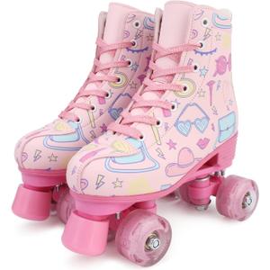 YYW Roller Skates for Women and Men Funky Leopard-Print Outdoor Skates PU Leather Roller Skates (Youth 2/Women's 3.5/Men's 3, Pink with Prints)