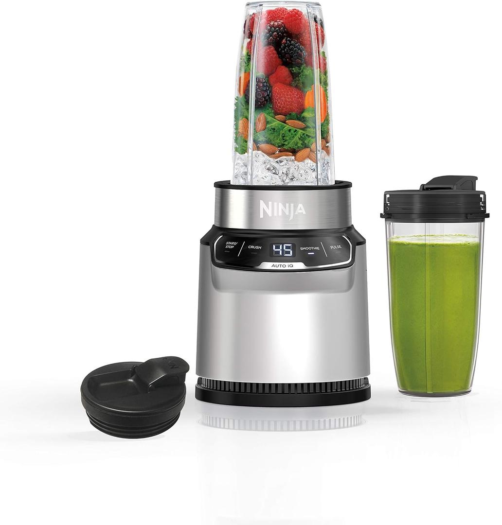 Ninja | Blender | Nutri Pro | Single Serve | For Smoothies, Salsa, Shakes and Frozen Drinks | Includes 2 Smoothie Cups & Lids | Crushes Ice, Fruit & Veggies |Silver | Auto Blend| BN401