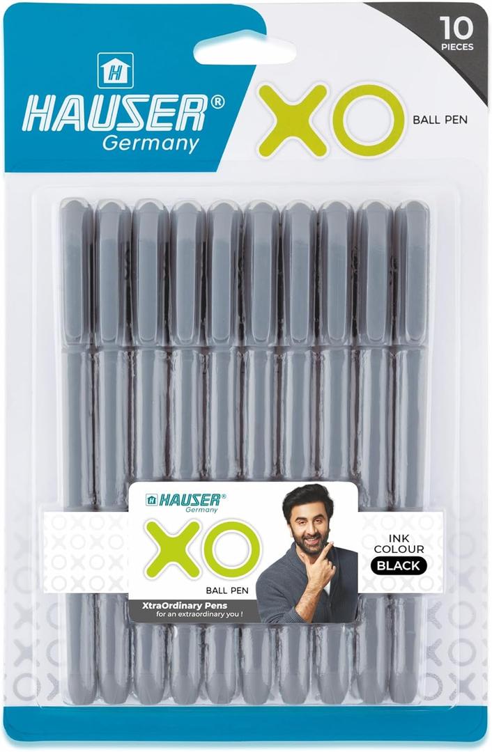 Hauser XO Ball Pen Blister Pack | Tip Size 0.7 Mm | Sleek Body & Minimalistic Design | Matt Finish | Solid Body Type | Low Viscosity Ink | Ultra Durable Tip | Black Ink, Set Of 10 Pens