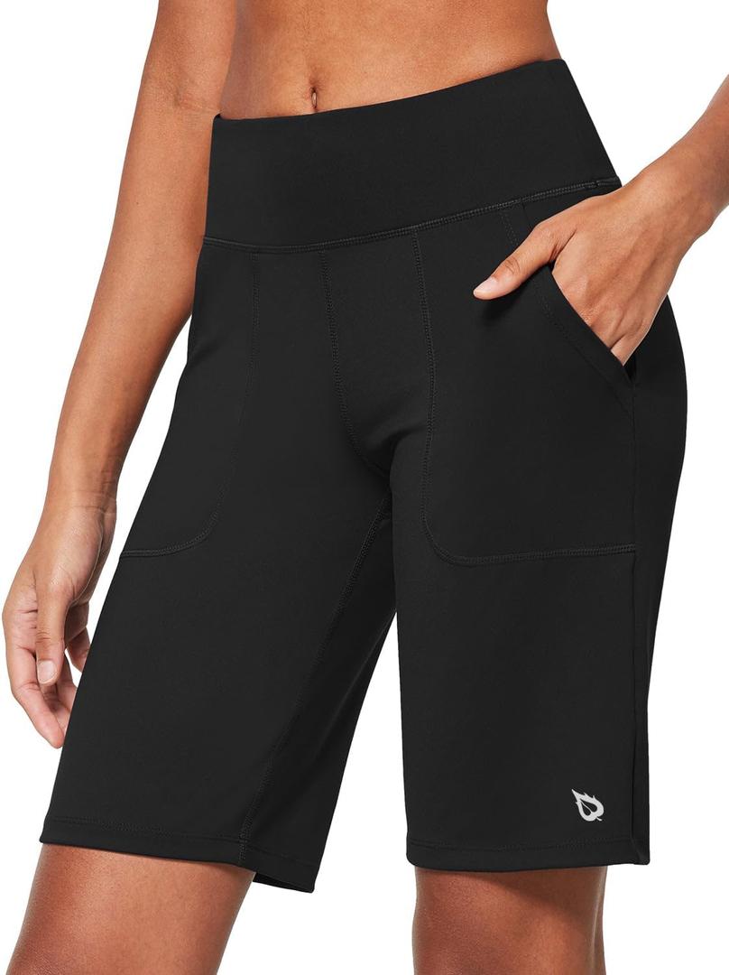baleaf Women's Bermuda Long Shorts 10" Knee Length High Rise Athletic Shorts Pull On Workout Walking Golf Running Summer (Black) S
