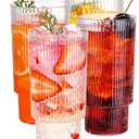 Hioasis 4PCS Clear Plastic Cups - 14OZ Plastic Ribbed Drinking Glasses, Reusable,BPA-free Tumbler Cups for Hold Beer, Iced Coffee, Juice Whiskey