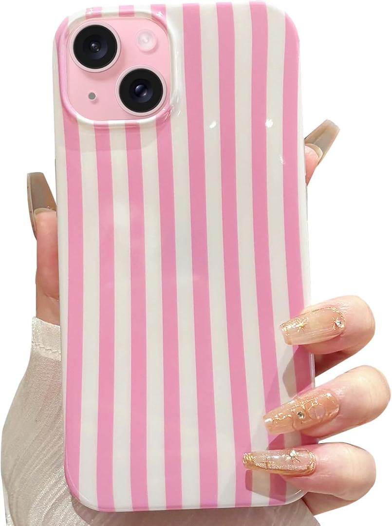 For iPhone 15 Plus Case Striped Phone Cases Trendy Cute Women Girly Aesthetic Trendy Fashion Soft TPU Slim Shockproof Protective Cover Pink Strips