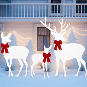 3 Pcs Metal Reindeer Christmas Decor Outdoor 47'' 2D Deer Family Silhouette Set with Red Velvet Bow Reindeers Sign with Stake Outdoor Christmas Yard Standing Decor for Lawn Garden